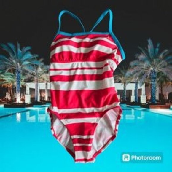 Women's Nike Swimsuit One Piece Size 8 M Red & White Striped Blue Trim Logo EUC - Picture 1 of 7